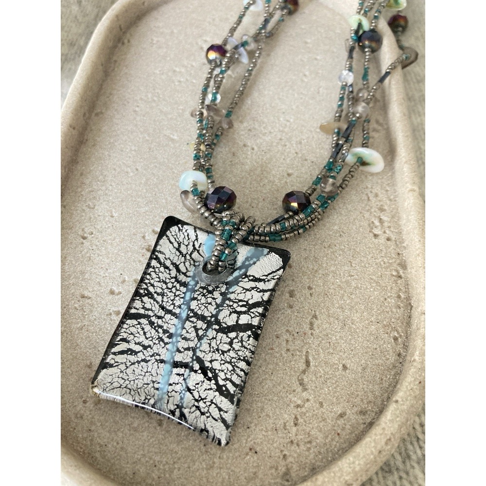 Artisan‎ Fused Glass Pendant Necklace Multi Strand Teal & Silver Tones Beaded